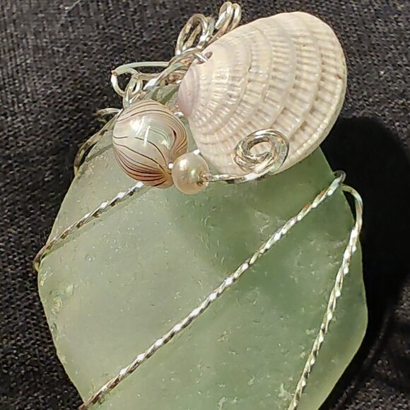 Beach Glass Pendant Seafoam Green Wave Sculpted Hand-twist, Silver Sterl setting - Picture 2 of 10